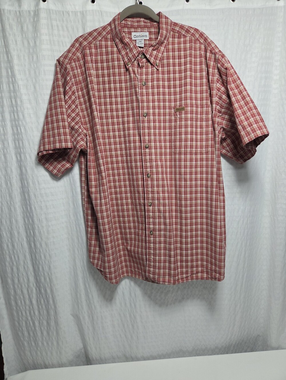 Carhartt Men's Relaxed Fit Short Sleeve Red& White Plaid Shirt. 2XL